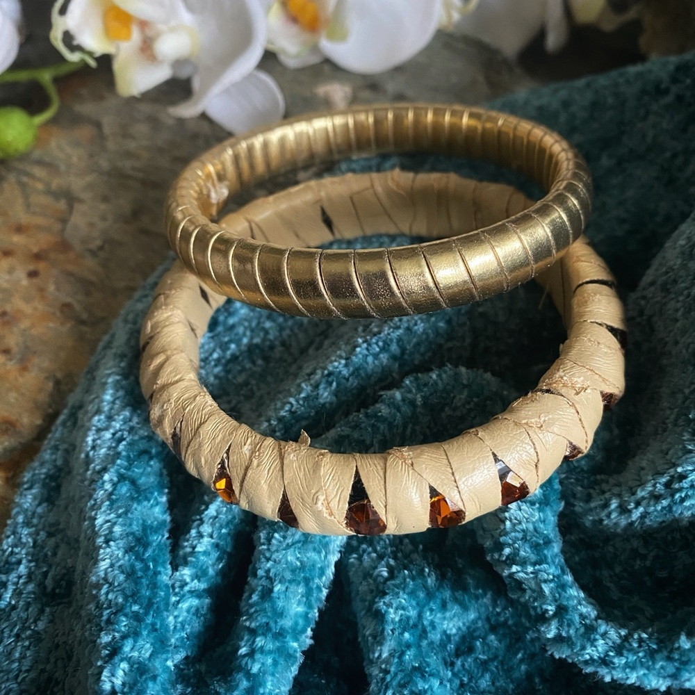 Vintage Leather Wrapped Bangle Bracelets